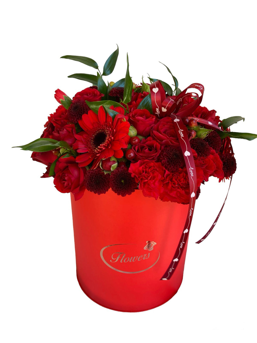 Hengerbox piros vegyes virágokkal
