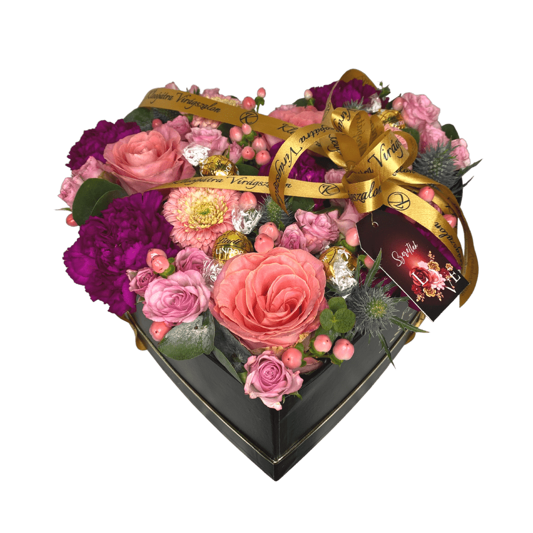 Szív alakú box, vegyes rózsaszín-pink virágokkal, Lindt csokigolyóval