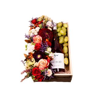 Fadobozban őszies élő virágos box szőlővel, borhálós borral