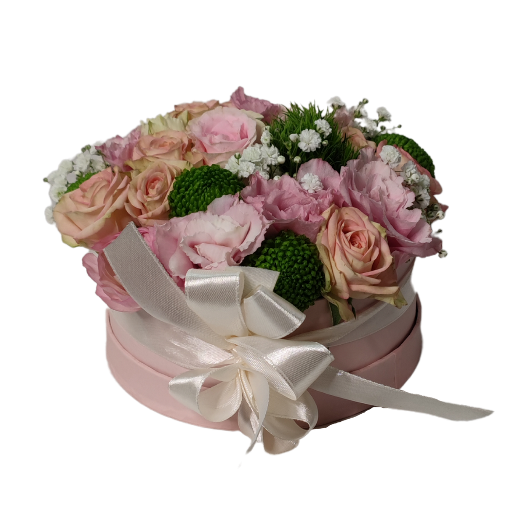 Kerek box rózsaszín vegyes virágokkal