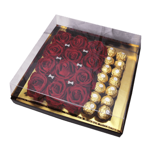 Nagy kocka box piros rózsával + Ferrero Rocheval 