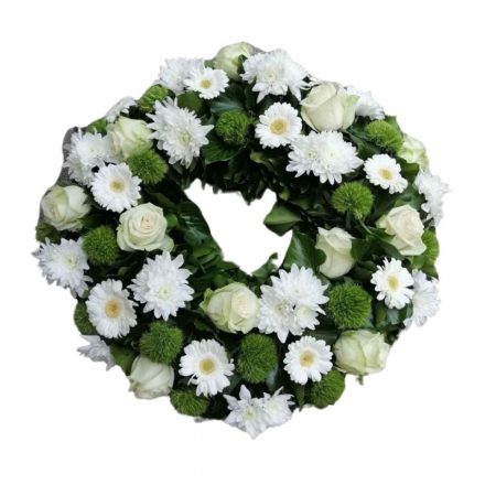 Görög koszorú 30cm zöld-fehér virágok